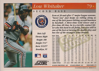 1994 Score - Gold Rush #79 Lou Whitaker Back