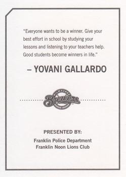 2010 Milwaukee Brewers Police - Franklin Police Department, Franklin Noon Lions Club #NNO Yovani Gallardo Back