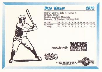 1993 Fleer ProCards West Virginia Wheelers SGA #2872 Brad Keenan Back