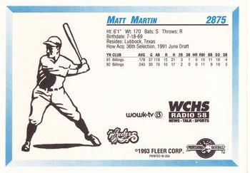 1993 Fleer ProCards West Virginia Wheelers SGA #2875 Matt Martin Back