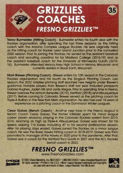 2023 Choice Fresno Grizzlies #35 Trevor Burmeister / Mark Brewer / Cesar Galvez Back