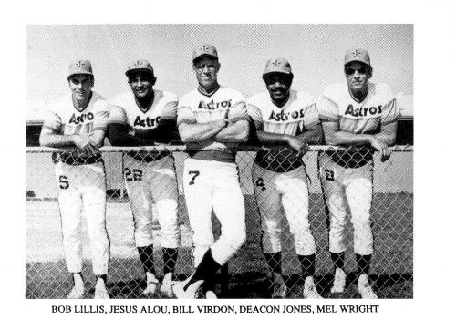 1987 Koppa Houston Astros Rainbow Jersey Orange Cap Era Commemorative Photocards Series 1 #NNO Bob Lillis / Jesus Alou / Bill Virdon / Deacon Jones / Mel Wright Front