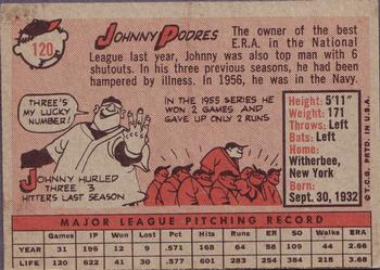 1958 Topps #120 Johnny Podres Back