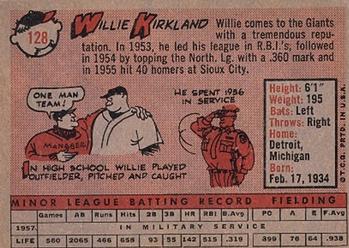 1958 Topps #128 Willie Kirkland Back