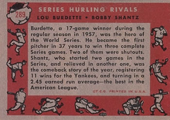 1958 Topps #289 Series Hurling Rivals (Lew Burdette / Bobby Shantz) Back