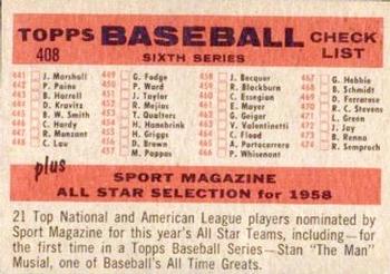 1958 Topps #408 Baltimore Orioles Back