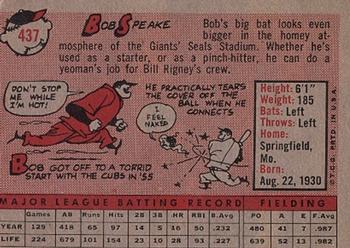 1958 Topps #437 Bob Speake Back