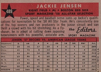 1958 Topps #489 Jackie Jensen Back