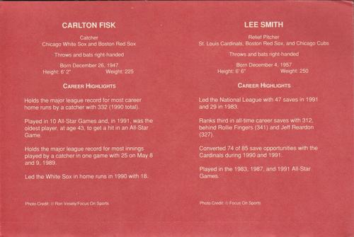 1992 Mark & See Superstars & Super Stats Perforated Insert Panels #NNO Lee Smith / Carlton Fisk Back