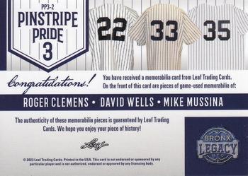 2023 Leaf A Bronx Legacy - Pinstripe Pride 3 Relics Purple Holofoil #PP3-2 Roger Clemens / Mike Mussina / David Wells Back