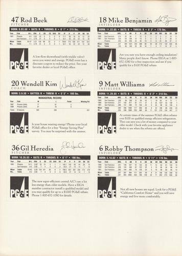 1992 PG&E San Francisco Giants - Panels #NNO Rod Beck / Wendell Kim (CO) / Gil Heredia / Mike Benjamin / Matt Williams / Robby Thompson Back