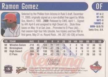 2001 Multi-Ad Reading Phillies Alvernia College Edition #7 Ramon Gomez Back