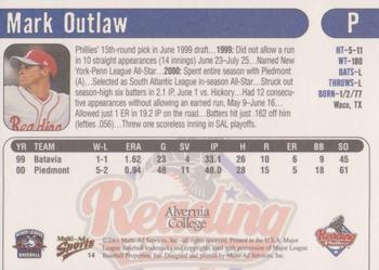 2001 Multi-Ad Reading Phillies Alvernia College Edition #14 Mark Outlaw Back