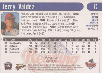 2001 Multi-Ad Reading Phillies Alvernia College Edition #21 Jerry Valdez Back