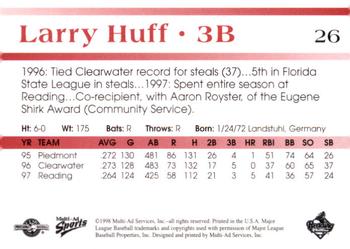 1998 Multi-Ad Reading Phillies Blue Border #26 Larry Huff Back