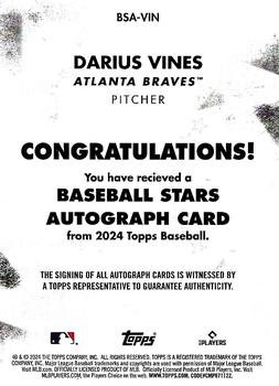 2024 Topps - Baseball Stars Autographs #BSA-VIN Darius Vines Back