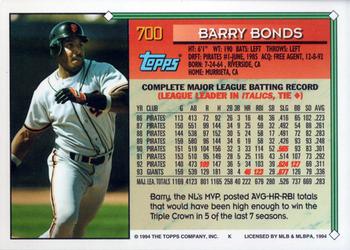 1994 Topps #700 Barry Bonds Back