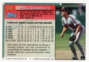 1994 Topps #358 Paul Sorrento Back