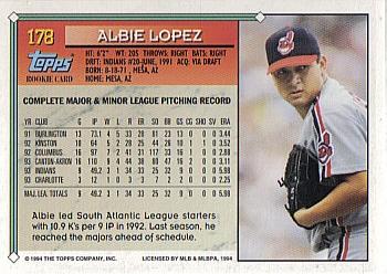 1994 Topps #178 Albie Lopez Back