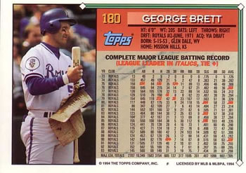 1994 Topps #180 George Brett Back