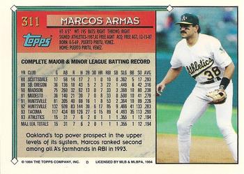 1994 Topps #311 Marcos Armas Back