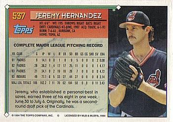 1994 Topps #537 Jeremy Hernandez Back
