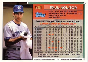 1994 Topps #540 Paul Molitor Back