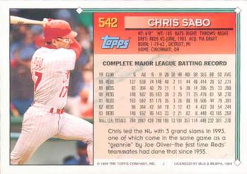 1994 Topps #542 Chris Sabo Back
