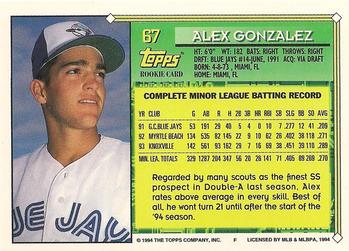 1994 Topps #67 Alex Gonzalez Back