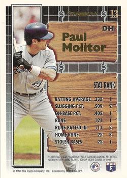 1994 Topps - Black Gold #13 Paul Molitor Back
