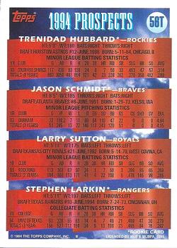 1994 Topps Traded #56T Prospects (Trenidad Hubbard / Jason Schmidt / Larry Sutton / Stephen Larkin) Back