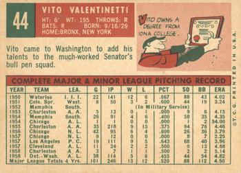 1959 Topps #44 Vito Valentinetti Back