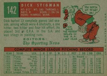 1959 Topps #142 Dick Stigman Back