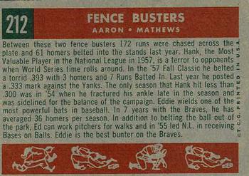 1959 Topps #212 Fence Busters (Hank Aaron / Eddie Mathews) Back