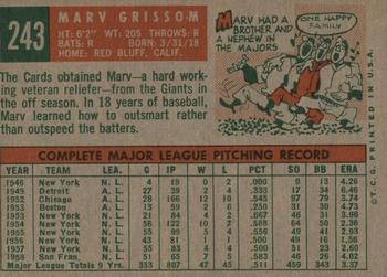 1959 Topps #243 Marv Grissom Back