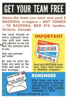 1959 Topps #NNO Felt Pennant Offer - Canadian Back