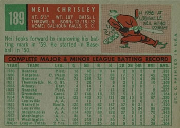 1959 Topps #189 Neil Chrisley Back