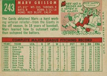 1959 Topps #243 Marv Grissom Back