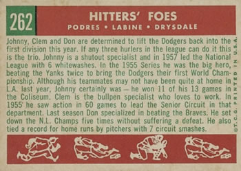 1959 Topps #262 Hitters' Foes (Johnny Podres / Clem Labine / Don Drysdale) Back