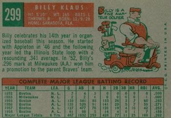 1959 Topps #299 Billy Klaus Back