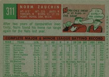 1959 Topps #311 Norm Zauchin Back