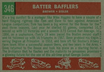 1959 Topps #346 Batter Bafflers (Tom Brewer / Dave Sisler) Back
