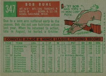 1959 Topps #347 Bob Buhl Back