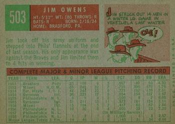 1959 Topps #503 Jim Owens Back