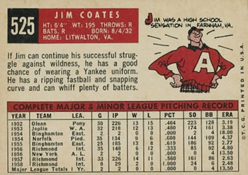 1959 Topps #525 Jim Coates Back