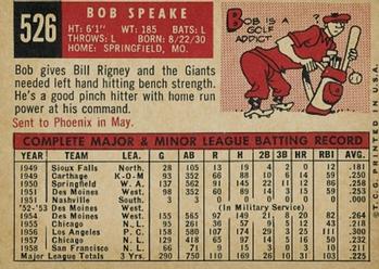 1959 Topps #526 Bob Speake Back