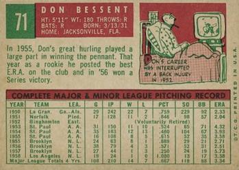 1959 Topps #71 Don Bessent Back