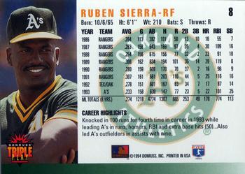 1994 Triple Play #8 Ruben Sierra Back