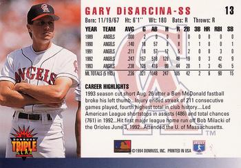 1994 Triple Play #13 Gary DiSarcina Back