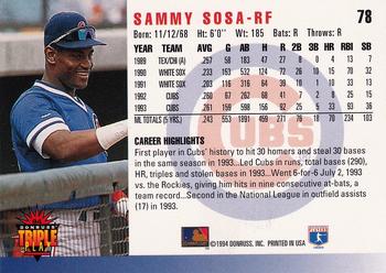 1994 Triple Play #78 Sammy Sosa Back
